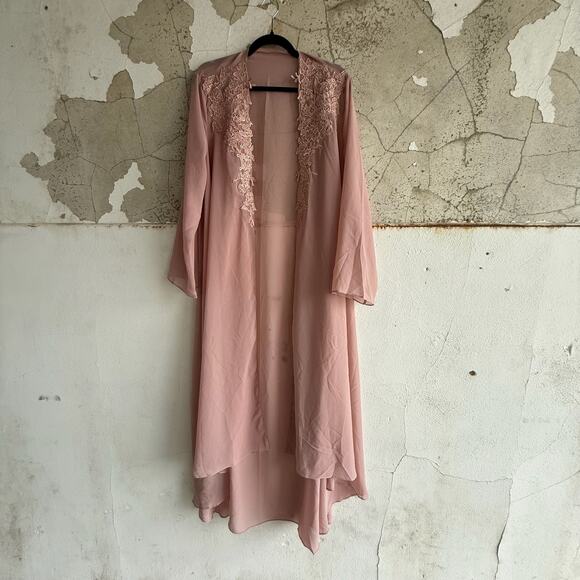 None and/or Unknown Other - Kimono Robe Duster Long Embroidered‎ Lace Trim Romantic Sheer Blush Pink